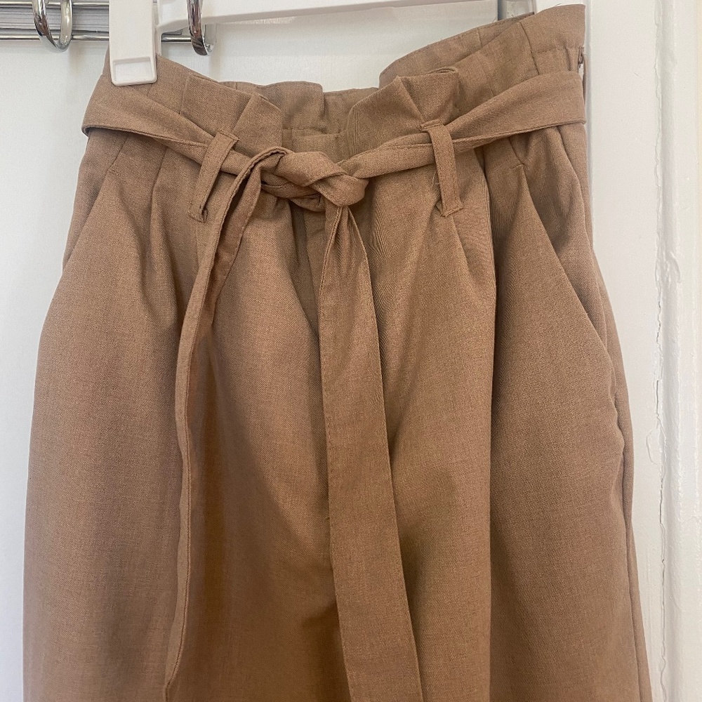 High Waisted Tan Cinched Waist Trousers